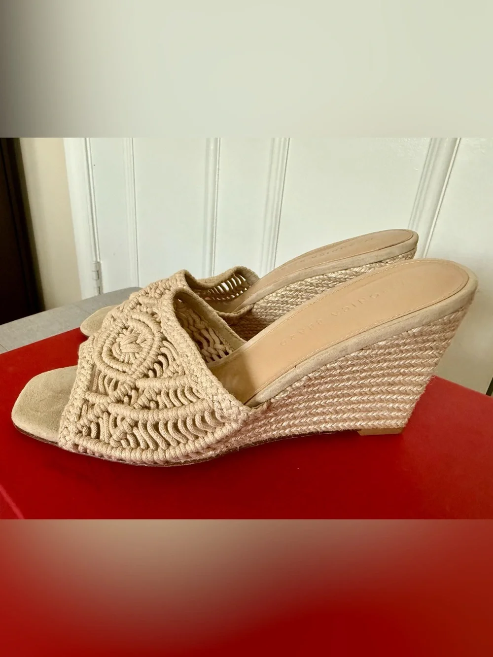 NEW Veronica Beard Natural Crochet Espadrille Wedge Mules Sz 9